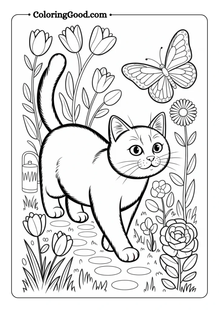 Cat Chasing Butterflies in Garden